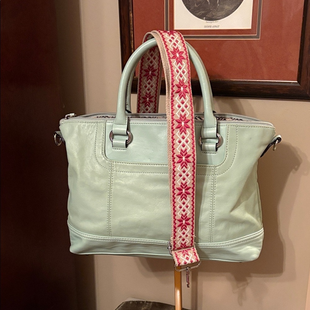 Tignanello Mint Green Leather Tote Bag with Embroidered Strap